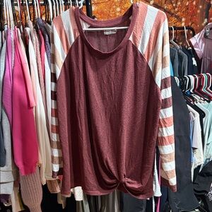 Maurices Burgundy Top with Striped Sleeves